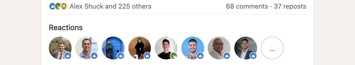 Real LinkedIn reactions — Alex Shuck and 225 others, 68 comments, 37 reposts