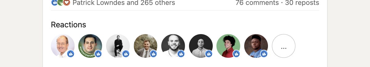 Real LinkedIn reactions — Patrick Lowndes and 265 others, 76 comments, 30 reposts